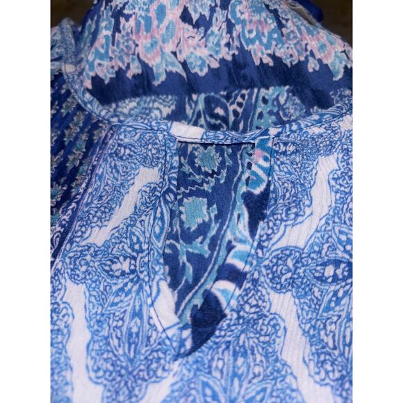 Sunny Leigh Micro Pleated Tunic Top Blouse 1X Blue Abstract Pattern Light Flowy - Picture 3 of 12